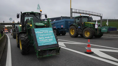 Farmers block a highway to protest the EU-Mercosur trade agreement, Nov. 18, 2024, Velizy-Villacoublay, France.