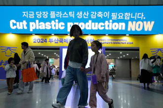 Electric display board near the fifth Intergovernmental Negotiating Committee on Plastic Pollution session, Busan, South Korea, Nov. 30, 2024.