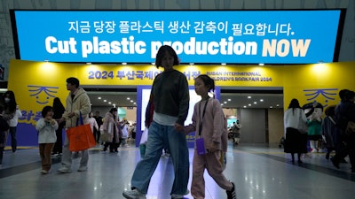 Electric display board near the fifth Intergovernmental Negotiating Committee on Plastic Pollution session, Busan, South Korea, Nov. 30, 2024.