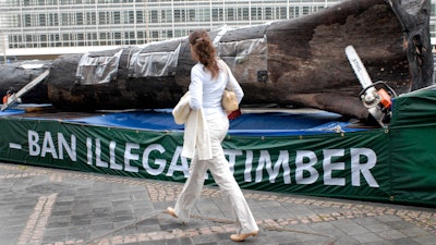 A woman walks past a 12-meter Amazon tree trunk placed in front of the European Union Council building by environmental activists, Brussels, July 2, 2008.