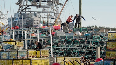 Fishermen load lobster boats in Lower Woods Harbour, Nova Scotia, Nov. 26, 2018.