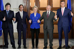From left, Argentina President Javier Milei, Uruguay President Luis Lacalle Pou, European Commission President Ursula von der Leyen, Brazil President Luiz Inacio Lula da Silva and Paraguay President Santiago Pena at the Mercosur Summit, Montevideo, Uruguay, Dec. 6, 2024.