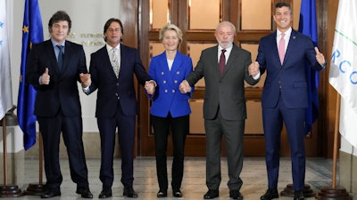 From left, Argentina President Javier Milei, Uruguay President Luis Lacalle Pou, European Commission President Ursula von der Leyen, Brazil President Luiz Inacio Lula da Silva and Paraguay President Santiago Pena at the Mercosur Summit, Montevideo, Uruguay, Dec. 6, 2024.