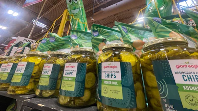 A pickle display is shown at a Giant Eagle market in Glenshaw, Pa., Friday, July 12, 2024. Pickles, on the rise for a number of years, took center stage on the American culinary scene in new ways in 2024.