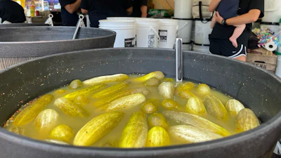 Sour pickles sit in a bucket of brine at a stall at Picklesburgh, Pittsburgh, Pa., Thursday, July 18, 2024. The festival, held just off the city's Market Square each year, brings pickle lovers and permutations of pickles together.