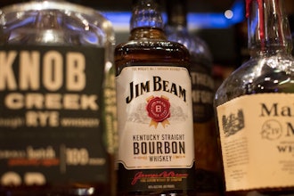 Jim Beam, Knob Creek and other whiskey bottles at a bar in Eagle, Colo., Dec. 25, 2018.