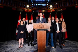 Canadian Prime Minister Justin Trudeau at a press conference during a cabinet retreat at Chateau Montebello, Montebello, Quebec, Jan. 21, 2025.