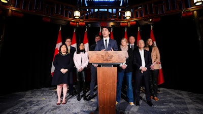 Canadian Prime Minister Justin Trudeau at a press conference during a cabinet retreat at Chateau Montebello, Montebello, Quebec, Jan. 21, 2025.