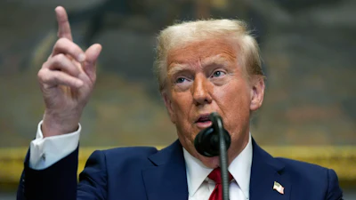 President Donald Trump speaks in the Roosevelt Room of the White House, Tuesday, Jan. 21, 2025, in Washington.