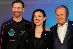 Polish astronaut Slawosz Uznanski-Wisniewski, left, with his wife Aleksandra Uznanska-Wisniewska and Poland Prime Minister Donald Tusk during a media event for the Ax-4 mission, Copernicus Science Center, Warsaw, Feb. 5, 2025.