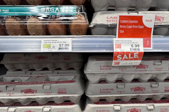 Egg cartons for sale are displayed at a grocery store, Friday, Feb. 7, 2025 in Grosse Pointe, Mich.