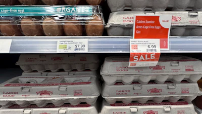 Egg cartons for sale are displayed at a grocery store, Friday, Feb. 7, 2025 in Grosse Pointe, Mich.
