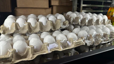 Cartons of eggs sit inside cooler at Norma's Sweets Bakery Tuesday, Feb. 11, 2025, in New Orleans.
