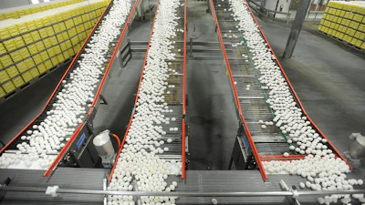 Eggs on a conveyor belt at a farm in Cortland, Ind., July 28, 2012.