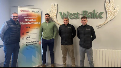 From left, Andrew Robinson, chairman and manging director, West-Bake; Eoin Laffan, enterprise software sales executive, Rockwell Automation; Peadar Shanks, general manager and director, West-Bake; and PJ Shanks, IT Manager, West-Bake, which has adopted the Plex Smart Manufacturing Platform™ as a company-wide management suite for its growing operations.
