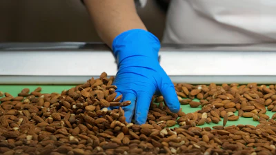 Angelita Delgado sorts through almonds by hand at Stewart and Jasper Orchards, Newman, Calif., March 7, 2025.