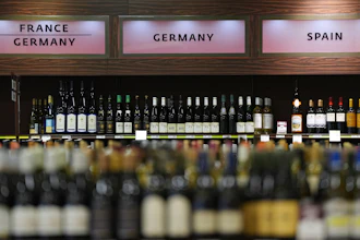 A display of French Germany and Spanish wines at a Pennsylvania Fine Wine & Good Spirits, Flourtown, Pa., March 13, 2025.
