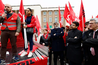 A protest organized by the CGIL trade union in front of Latina court south of Rome, April 1, 2025.