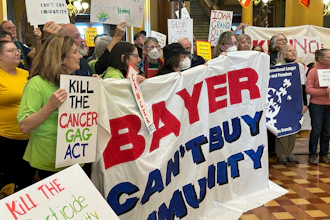 Protesters at the Iowa state capitol building in Des Moines on Feb. 10, 2025.