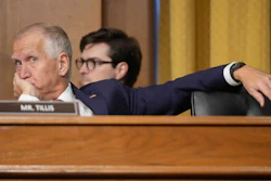 Sen. Thom Tillis, R-N.C., listens as U.S. Trade Representative Jamieson Greer testifies before the Senate Finance Committee, Washington, April 8, 2025.