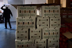 Boxes of ginger from China are stacked at a grocery market in the Chinatown neighborhood of Los Angeles, April 11, 2025.