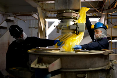 Jobe Washington, right, and Dwight Brown use a large sifter to mix a shade of yellow coloring at Sensient Technologies Corp., St. Louis, April 2, 2025.
