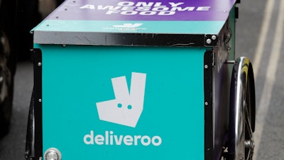 A Deliveroo logo on a bicycle in London, July 11, 2017.