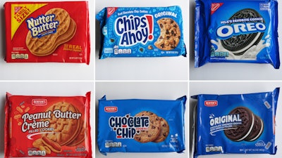 Top row from left: Mondelez's Nutter Butter, Chips Ahoy! and Oreo cookies; bottom from left, Aldi’s Peanut Butter Creme, Chocolate Chip Cookies and Original Chocolate Sandwich Cookies with Vanilla Filling, May 29, 2025, Glenview, Ill.