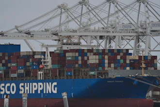 The 'Cosco Shipping France' container ship is moored at the Long Beach Container Terminal, LBCT, at Middle Harbor in the Port of Long Beach, Calif., , April 15, 2025.