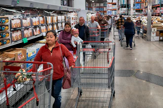 Customers wait in line for eggs at a Costco store in the Van Nuys section of Los Angeles on Wednesday, Feb. 19, 2025.