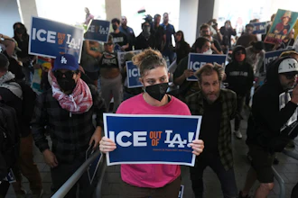Protesters gather at the U.S. Department of Justice Federal Bureau of Prisons, Los Angeles, June 6, 2025.