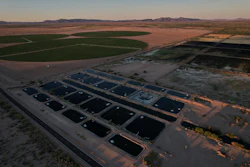Artificial ponds for farmed fish operate near crop fields Saturday, April 19, 2025, at a Mainstream USA fish farm in Dateland, Ariz.