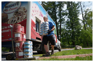 Hershey's Ice Cream delivery driver Sam Sattazahn delivers ice cream to Pine Grove Furnace general store, home of the half-gallon ice cream challenge, at Pine Grove Furnace State Park in Pennsylvania on Tuesday, June 10, 2025.