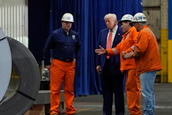 President Donald Trump talks to workers as he tours U.S. Steel Corporation's Mon Valley Works-Irvin plant, Friday, May 30, 2025, in West Mifflin, Pa.