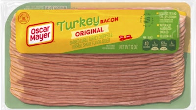 This image provided by the USDA on Wednesday, July 2, 2025, shows the packaging of recalled Oscar Mayer turkey bacon.