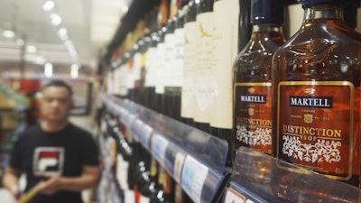 Bottles of brandy on a shelf at a supermarket in Hangzhou, China, Oct. 08, 2024.