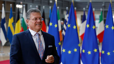 European Commissioner for Trade and Economic Security Maros Sefcovic arrives for a meeting of EU trade ministers at the European Council building, Brussels, May 15, 2025.