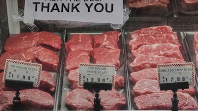 Steaks are pictured at a grocery store in Northfield, Ohio, Thursday, July 17, 2025.