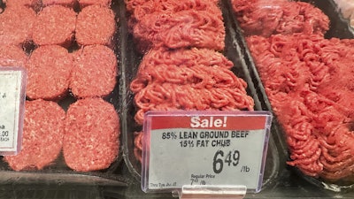 A price for beef is displayed at a grocery store in Mount Prospect, Ill., July 17, 2025.