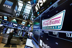 The Krispy Kreme logo on the floor of the New York Stock Exchange, May 9, 2016.