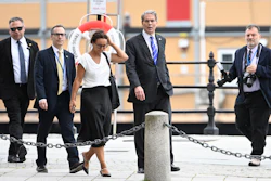 U.S. Treasury Secretary Scott Bessent, second from right, walks outside Rosenbad ahead of trade talks between the U.S. and China, Stockholm, July 29, 2025.
