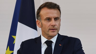 French President Emmanuel Macron speaks to the army leaders at the Hotel le Brienne, Paris, July 13, 2025.