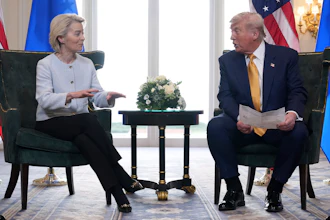 President Donald Trump and European Commission President Ursula von der Leyen talk after reaching a trade deal at the Trump Turnberry golf course in Turnberry, Scotland Sunday, July 27, 2025.