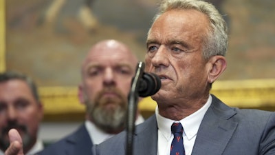 Health and Human Services Secretary Robert F. Kennedy Jr. speaks during an event where President Donald Trump will sign an executive order restarting the Presidential Fitness Test in public schools, Thursday, July 31, 2025, in the Roosevelt Room of the White House in Washington.