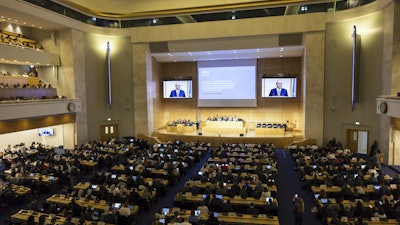Chair of the International Negotiating Committee Luis Vayas Valdivieso delivers remarks at the European headquarters of the United Nations, Geneva, Switzerland, Aug. 5, 2025.