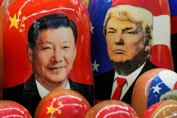 Russian Matryoshka dolls depicting China's President Xi Jinping and President Trump at a souvenir shop in St. Petersburg, Nov. 21, 2024.
