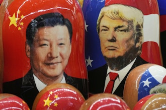 Russian Matryoshka dolls depicting China's President Xi Jinping and President Trump at a souvenir shop in St. Petersburg, Nov. 21, 2024.
