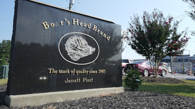 A sign marks the entrance of the Boar's Head processing plant in Jarratt, Va., on Thursday Aug. 29, 2024.