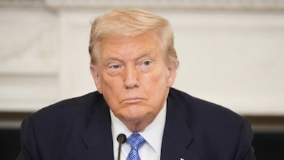 President Donald Trump participates in a trilateral signing ceremony with Armenian Prime Minister Nikol Pashinyan and Azerbaijan President Ilham Aliyev in the State Dining Room of the White House, Aug. 8, 2025.