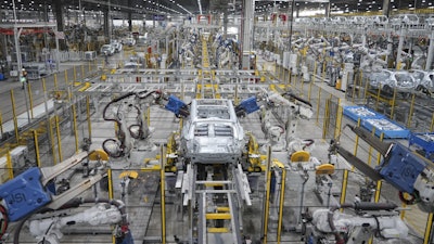 A car frame welded by robots at a Vinfast factory in Hai Phong, Vietnam, Sept. 29, 2023.